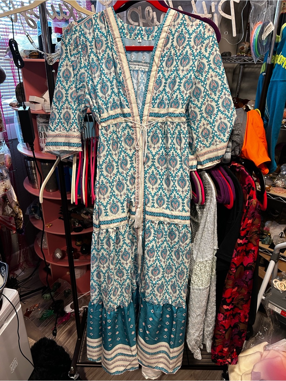 Source Unknown Teal and Cream Boho Maxi Dress